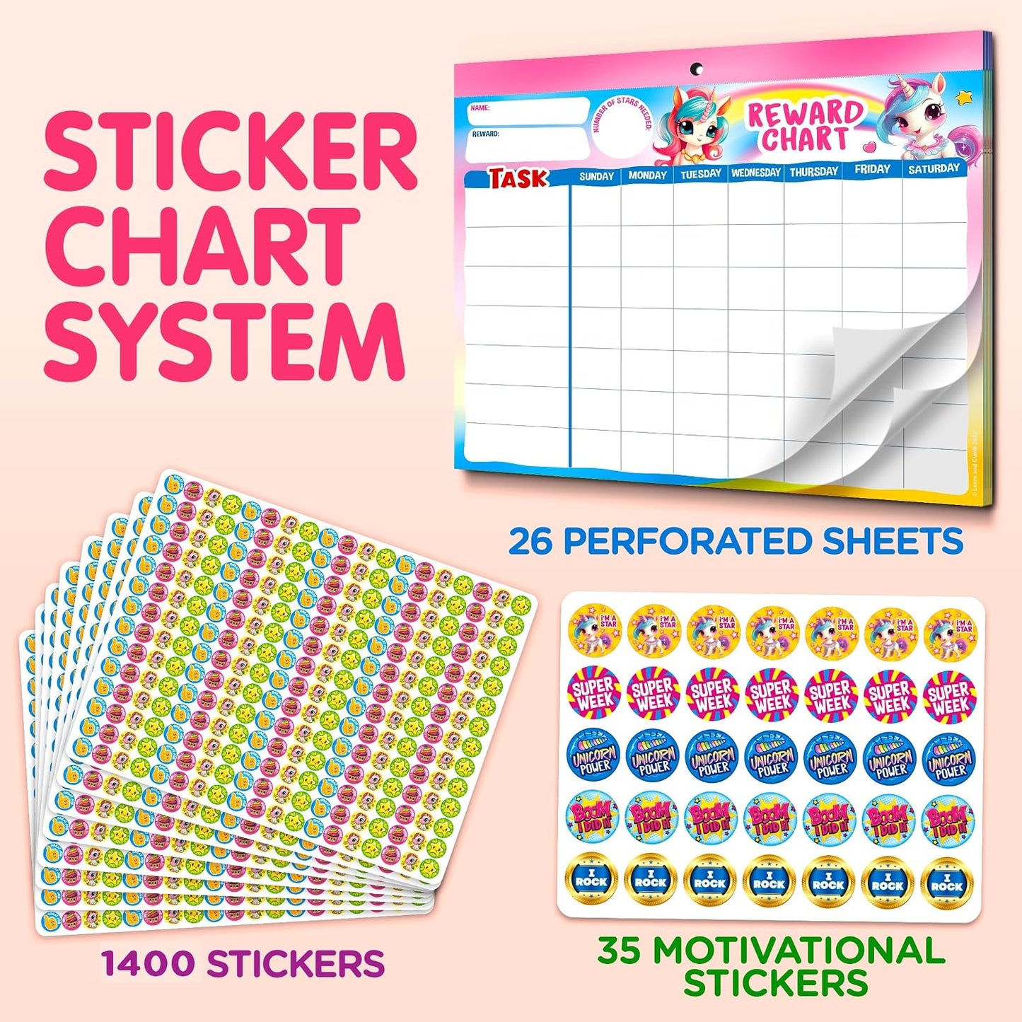 Behavior Reward Chart System - Pad with 26 Chore Charts for Kids, 2800 Stickers to Motivate Responsibility & Good Habits