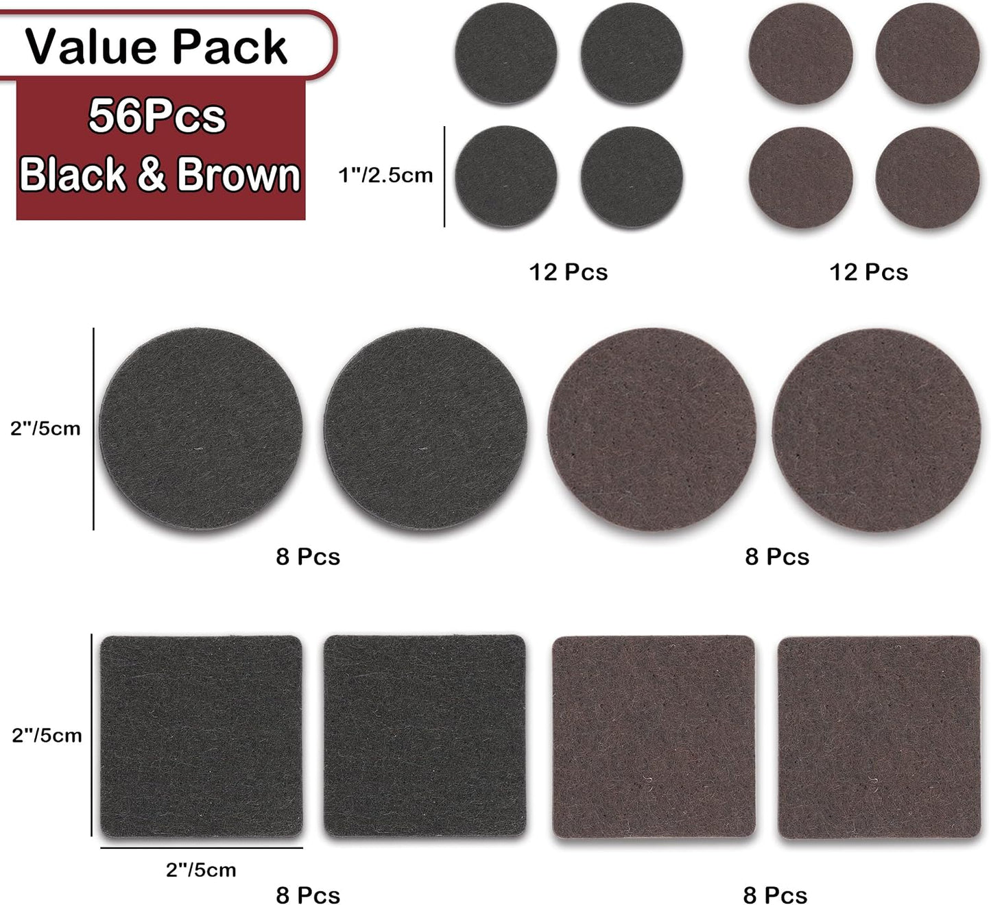 Felt Furniture Pads -56 Pcs(1+2)” Premium Felt Pads for Chair Legs Furniture, Floor Protectors for Hardwood Floors,Brown