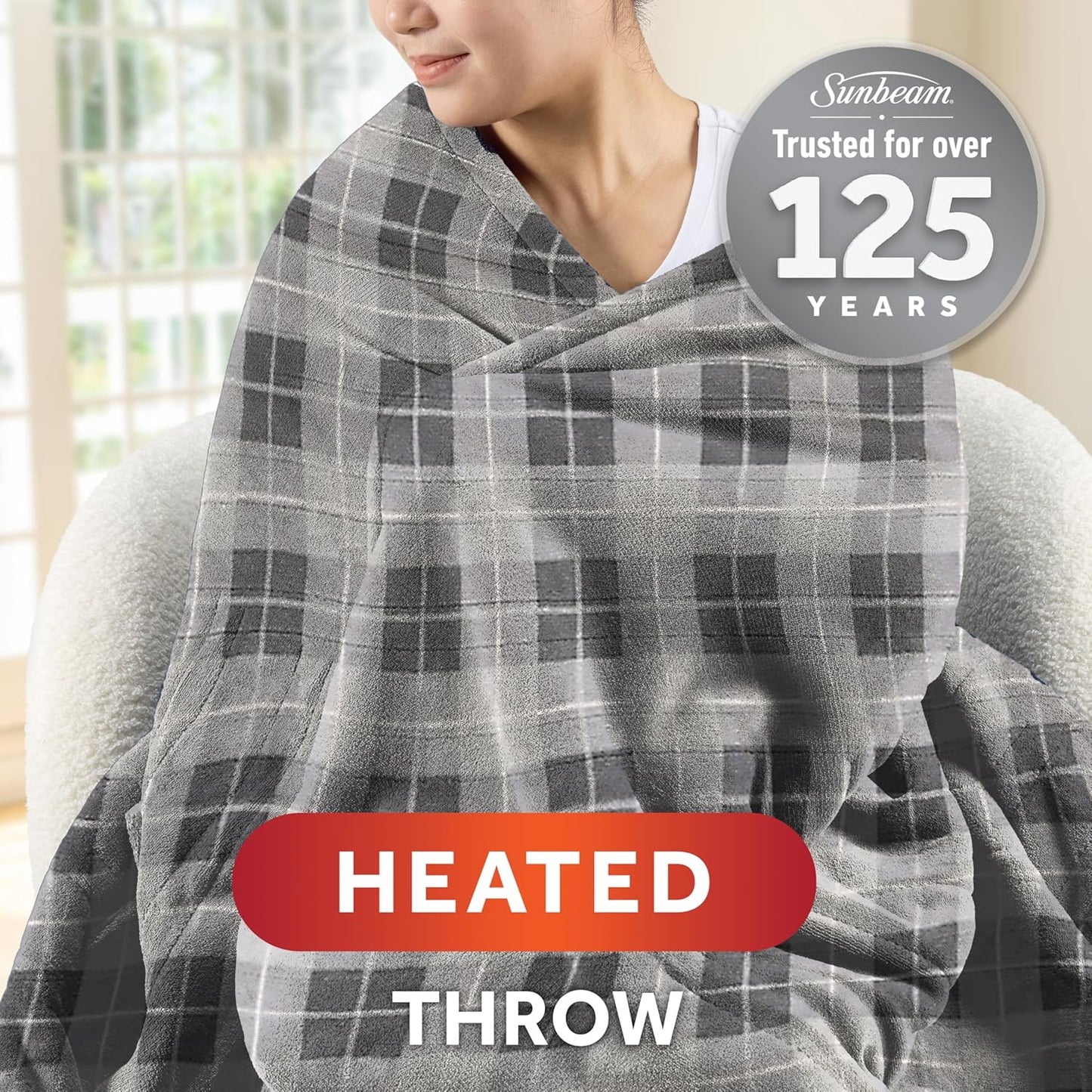 Sunbeam Electric Throw Royal Luxe Microplush Heated Blanket, 4 Heat Settings, 4-Hour Auto Shut-Off, Fast Heating, Warm and Cozy, Walnut Color, 50" x 60"