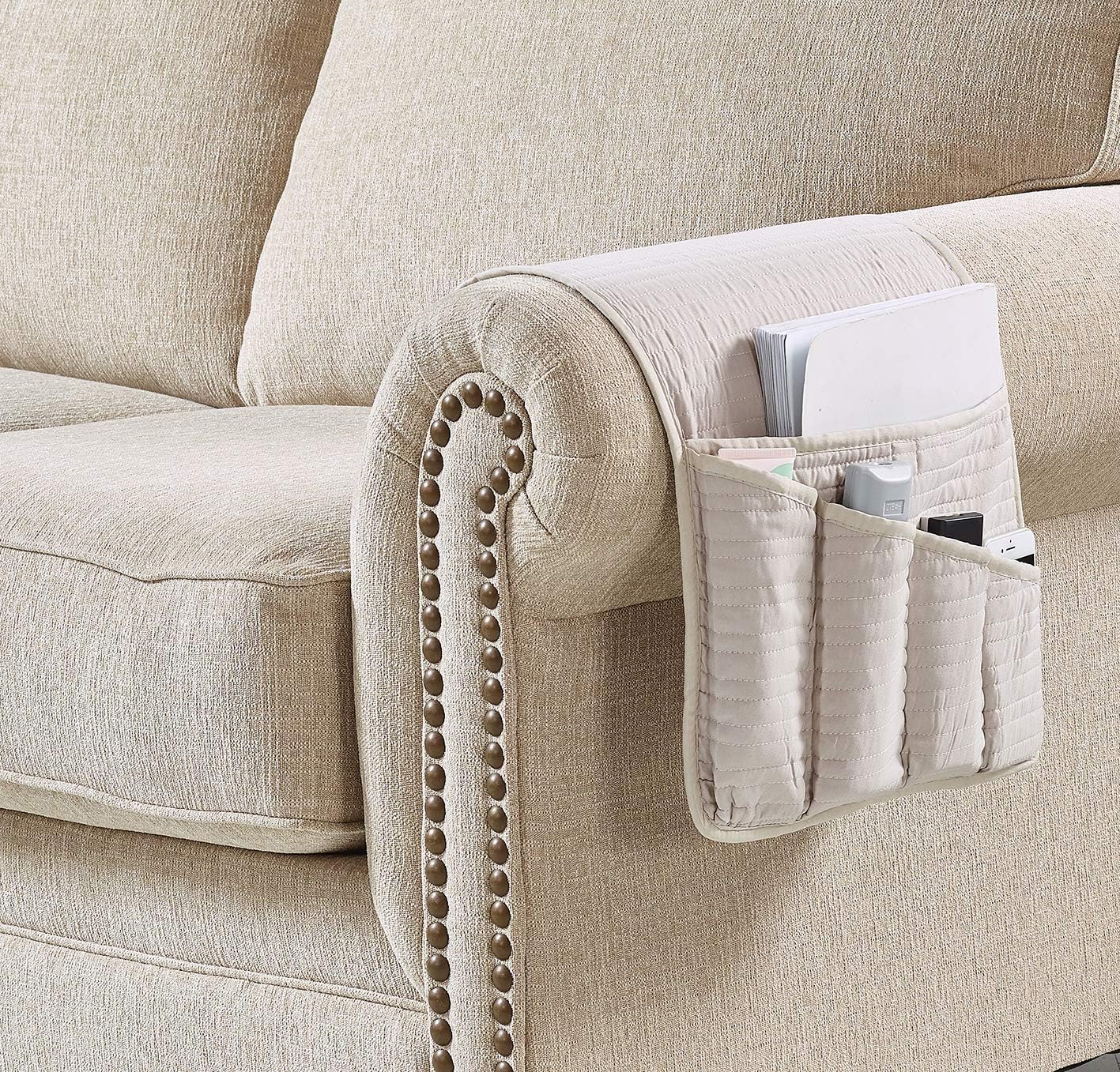 Brilliant Sunshine Burgundy Toile Floral Couch Armrest Cover, 35"×13" | Washable Magazine Holder, Armrest Organizer & Caddy on Sofa, Recliner, Armchair, Storage for Remote Controls, Phone, iPad