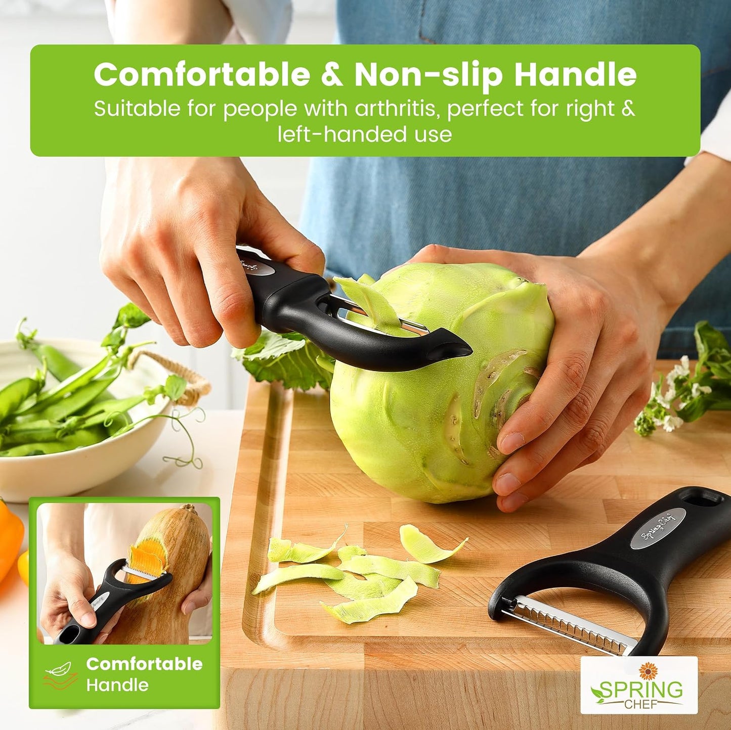 Spring Chef Swivel Potato Peeler & Julienne Vegetable Peeler w/Soft Handle | Premium Multifunctional Peelers for Kitchen with Sharp Stainless Steel Blades & Blade Covers, Dishwasher Safe Veggie Peelers