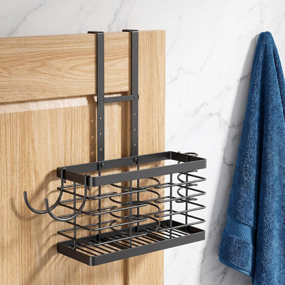 3-in-1 Universal Hair Dryer Holder, Adjustable Height Metal Blow Dryer Organizer, Wall Mounted Or Over Cabinet Door, Free Standing Silvery Hair Tool Storage for Bathroom Standard Black