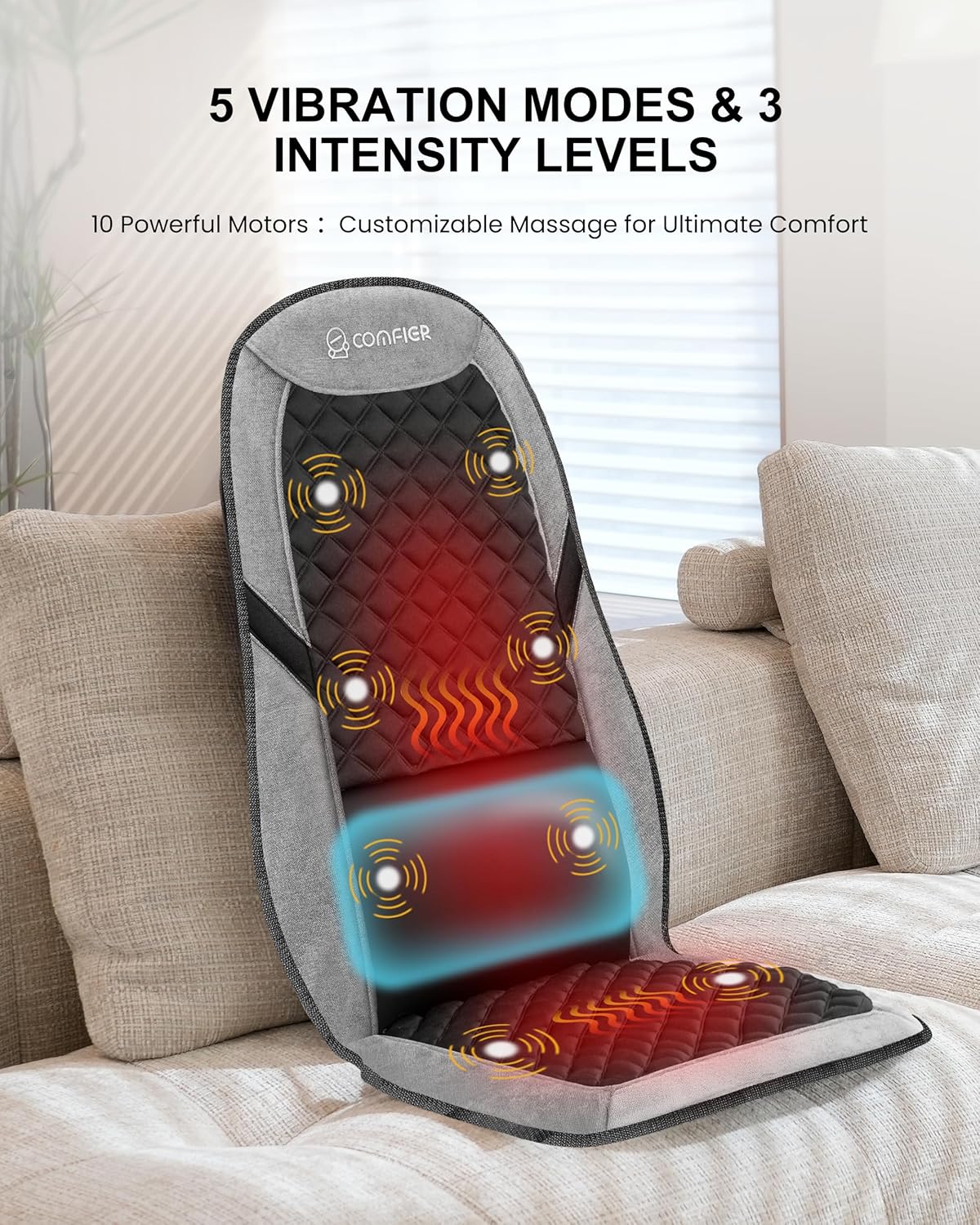 COMFIER Vibration Back Massager with Heat, 10-Motor Massage Seat Cushion for Chair, Graphene Heated Massage Chair Pad for Back, Lumbar & Thighs, 5 Modes, 3 Intensities, Home Office Recliner Gift