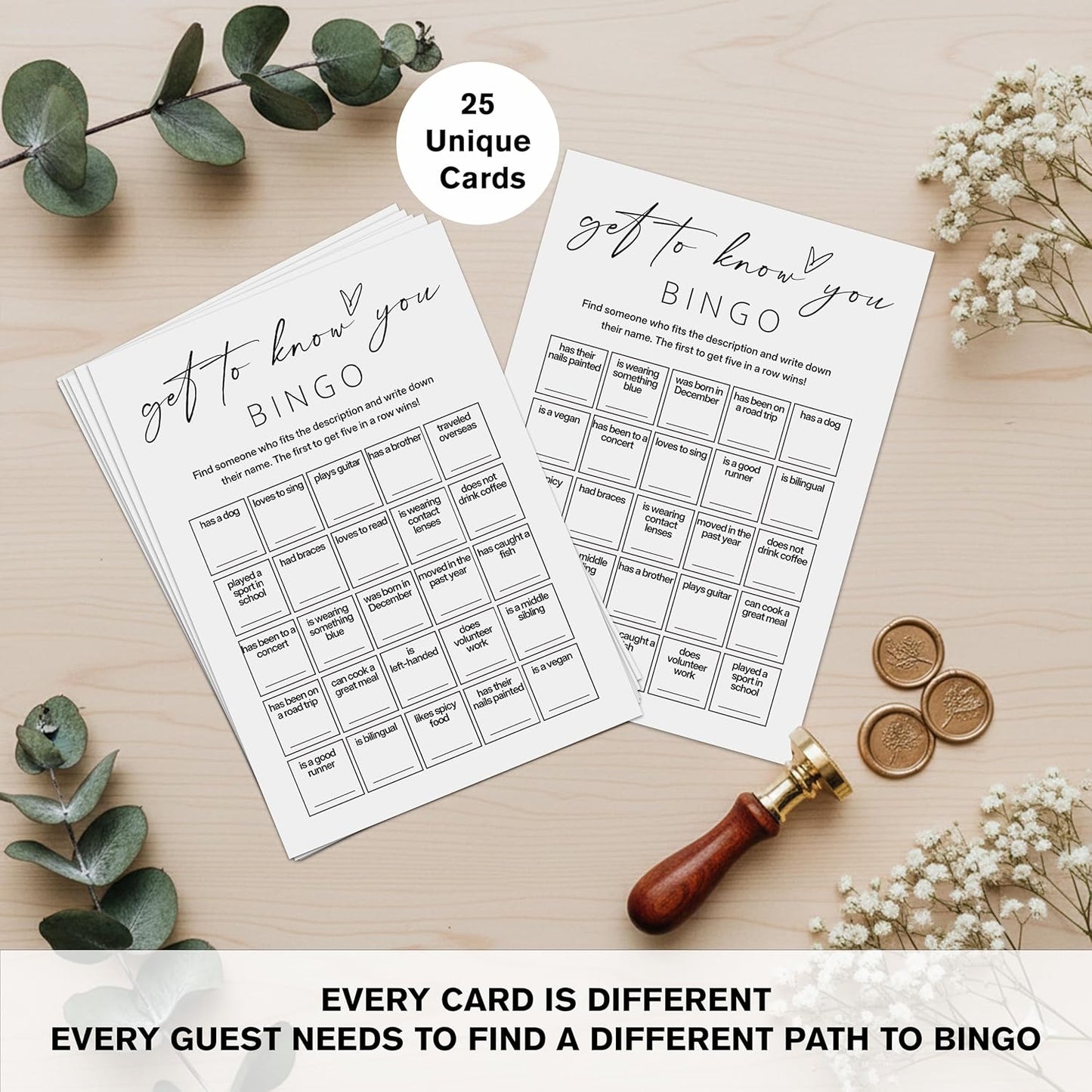 Find Someone Who Bingo Cards, 25 Unique Randomized 5x7 Sheets, Get to Know You Bingo Game for Adults, Ice Breaker Office Party Games, Team Building Games for Work, High Replay Value - A05