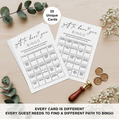 Find Someone Who Bingo Cards, 25 Unique Randomized 5x7 Sheets, Get to Know You Bingo Game for Adults, Ice Breaker Office Party Games, Team Building Games for Work, High Replay Value - A05
