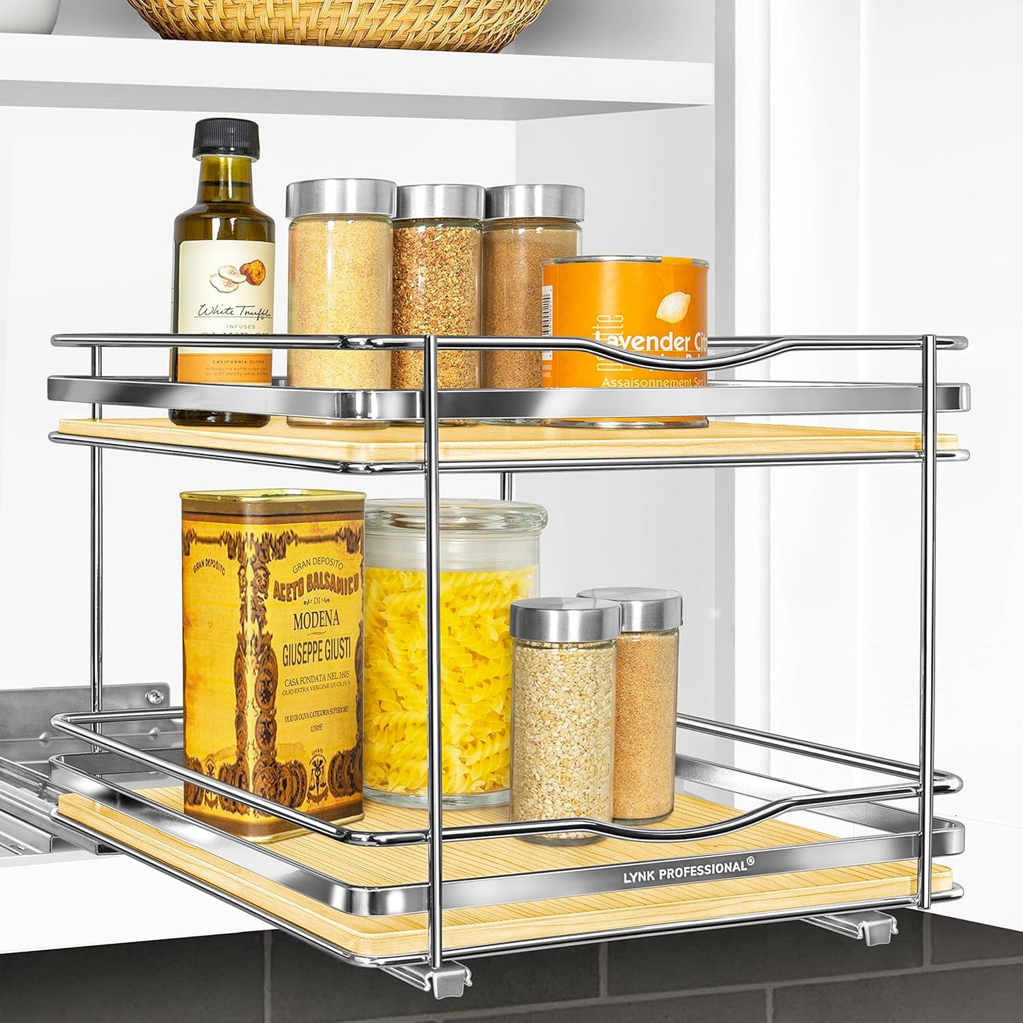 LYNK PROFESSIONAL® Pull Out Spice Organization for Cabinets - 4-3/8 inch Wide – Spice Rack for Inside Cabinets, Slide Out Spice Rack Organizer for cabinet – Pull Out Spice Rack, Sliding 2 Tier Chrome