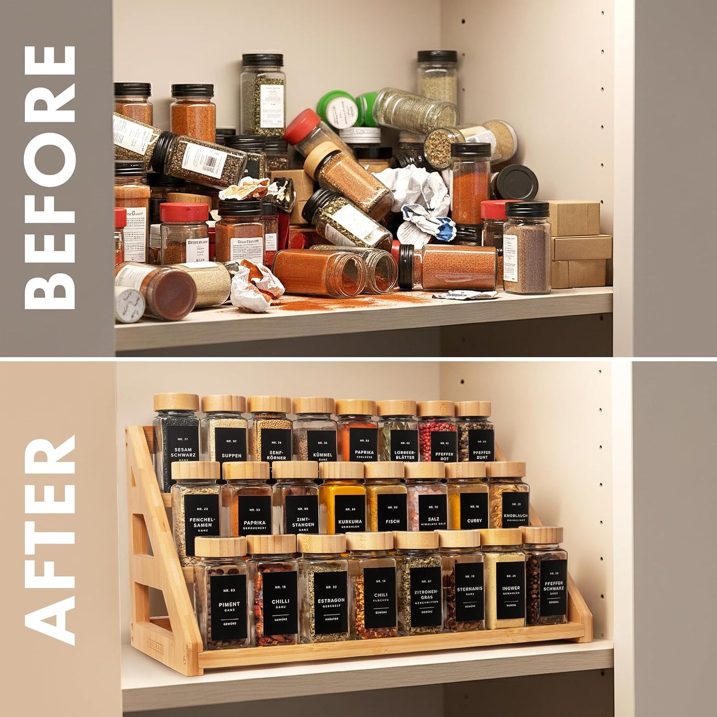 Bamboo Spice Drawer Organizer - Expandable 4 Tier Spice Rack (Need 3" Deep Drawer) 12" to 24" Wide, Seasoning Organizer, Organization Seasoning Rack insert (Jars Not Included)