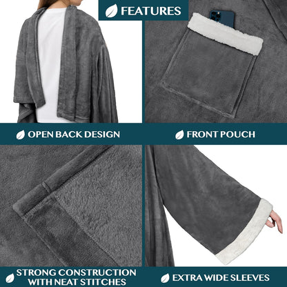 PAVILIA Wearable Blanket with Sleeves and Pocket for Women Men, Sherpa Trim