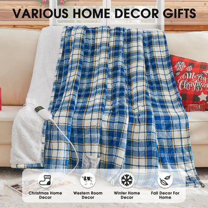 Heated Blanket Electric Throw 50X60 Heating Blanket with 10 Heating Levels 8 Hours Auto Off, Blue Plaid Sherpa Blankets Winter Warmer, Home Decor for Couch Bed Office,Gifts for Mom, Women,Washable