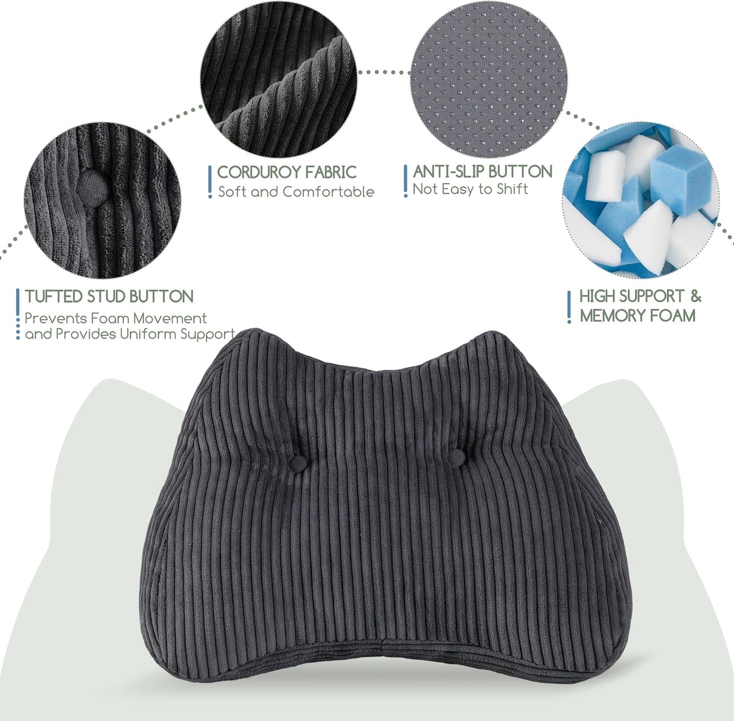 Lumbar Support Pillow for Recliner Chair/Accent Chair/Couch/Office Chair, Tufted Corduroy Back Support Cushion for Elderly, M-Shaped Recliner Cushions for Back Rest, Pain Relief, Reading, Dark Grey