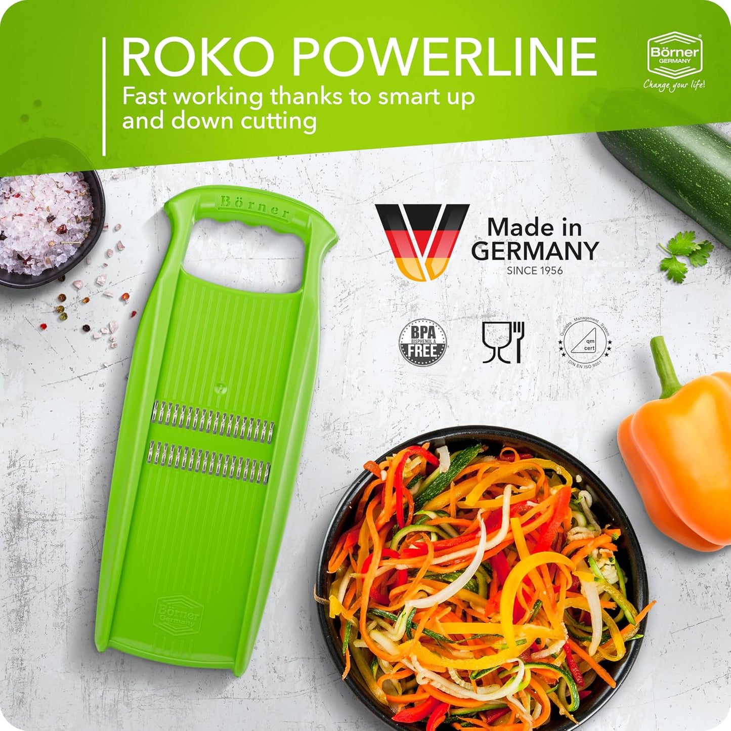 Börner Roko PowerLine Vegetable Slicer Set (2-piece) • Fine Julienne Cutter for Fruit and Vegetables + Safety Guard • Julienne Slicer • Mandoline Slicer Set • Kitchen Slicer (Red)