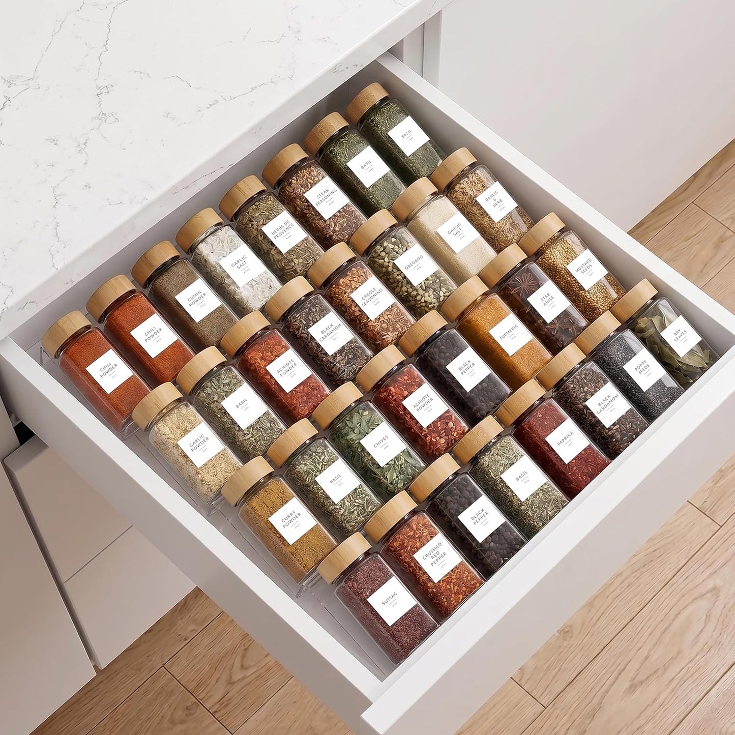 Acrylic Spice Drawer Organizer 4 PK, Expandable 13"-26" Acrylic Spice Rack for Drawer Seasoning Organizer Tray, Shelf Stackable 4-Tier Herb Jar Rack Insert for Kitchen Cabinet, Herb Jars Not Included