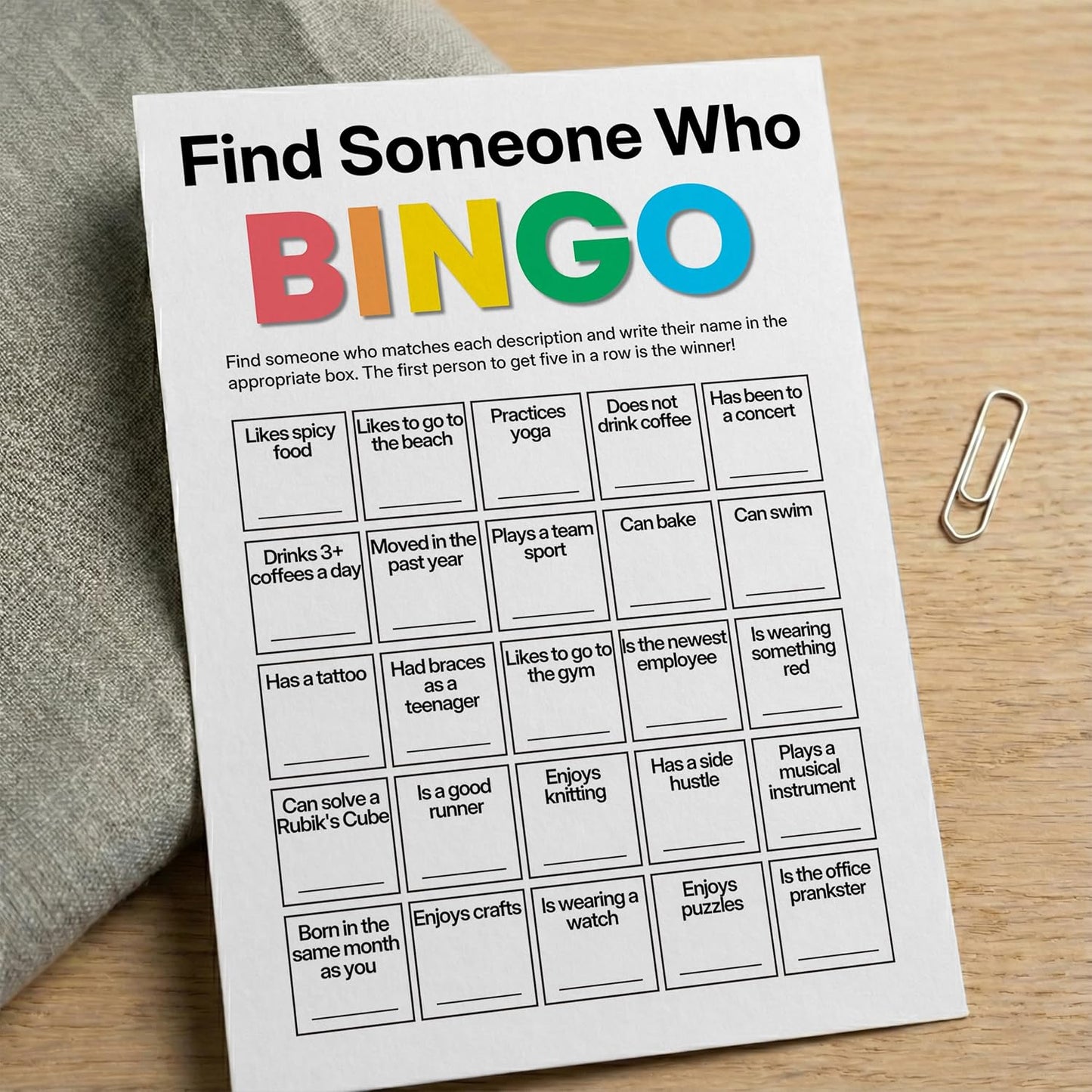 Find Someone Who Bingo Cards, 25 Unique Randomized 5x7 Sheets, Get to Know You Bingo Game for Adults, Ice Breaker Office Party Games, Team Building Games for Work, High Replay Value - A05
