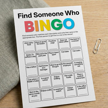 Find Someone Who Bingo Cards, 25 Unique Randomized 5x7 Sheets, Get to Know You Bingo Game for Adults, Ice Breaker Office Party Games, Team Building Games for Work, High Replay Value - A05
