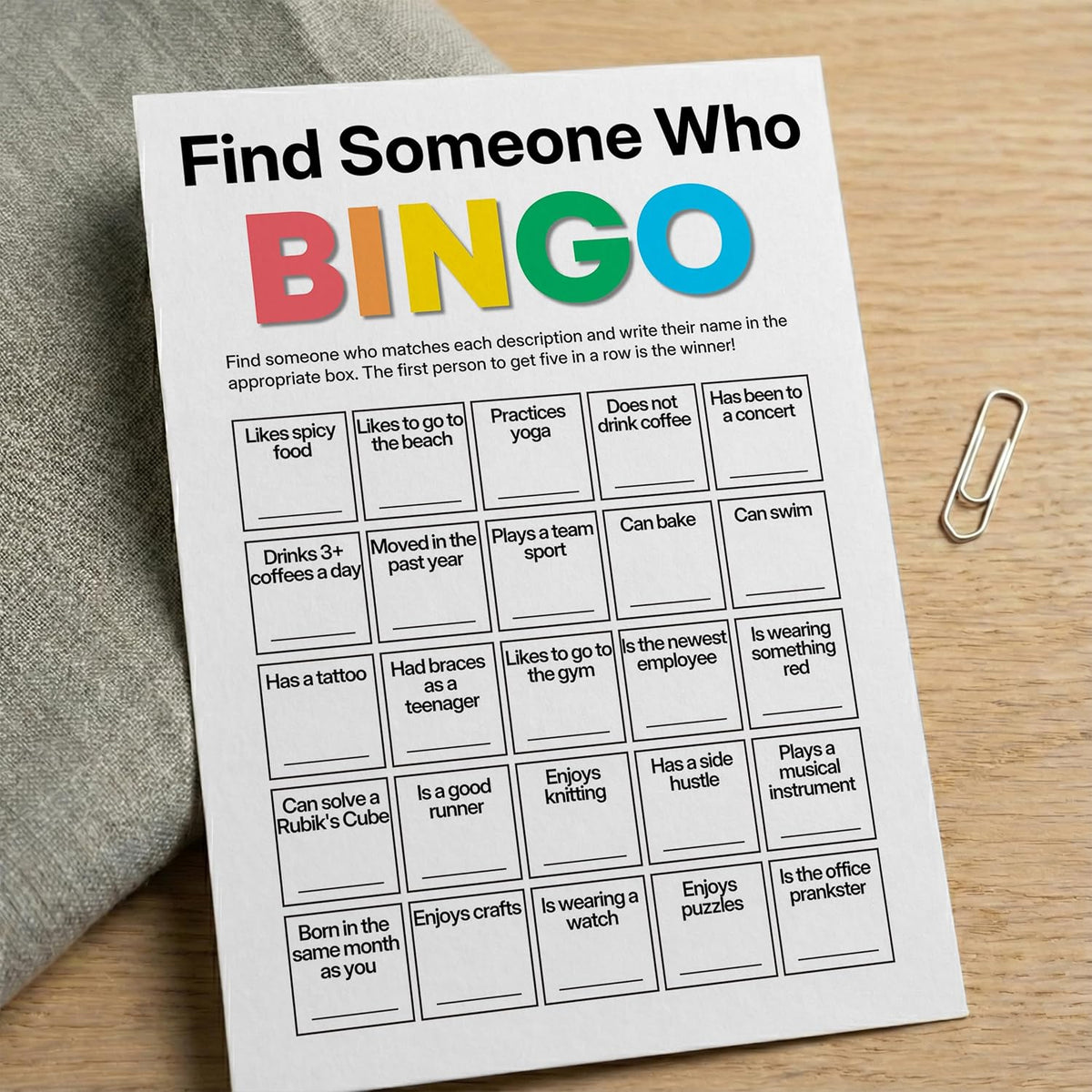 Find Someone Who Bingo Cards, 25 Unique Randomized 5x7 Sheets, Get to Know You Bingo Game for Adults, Ice Breaker Office Party Games, Team Building Games for Work, High Replay Value - A05