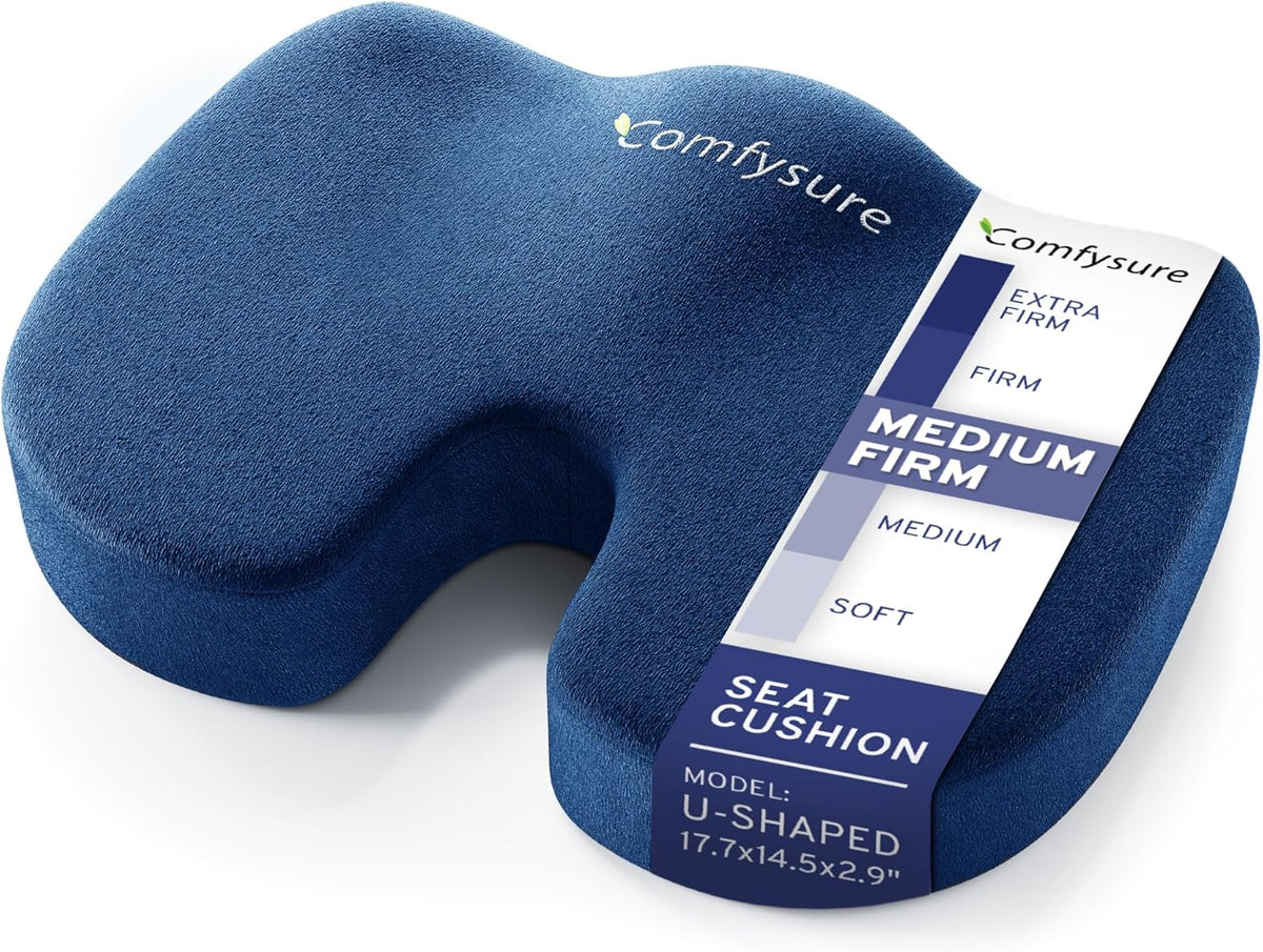 Memory Foam Seat Cushion - Tailbone Pain Relief Cushion, Non-Slip Sciatica Pain Relief Pillow - Cushion for Office Chair, Car, Wheelchair, Computer, Desk Chair - Coccyx, Lower Back Support (Navy)