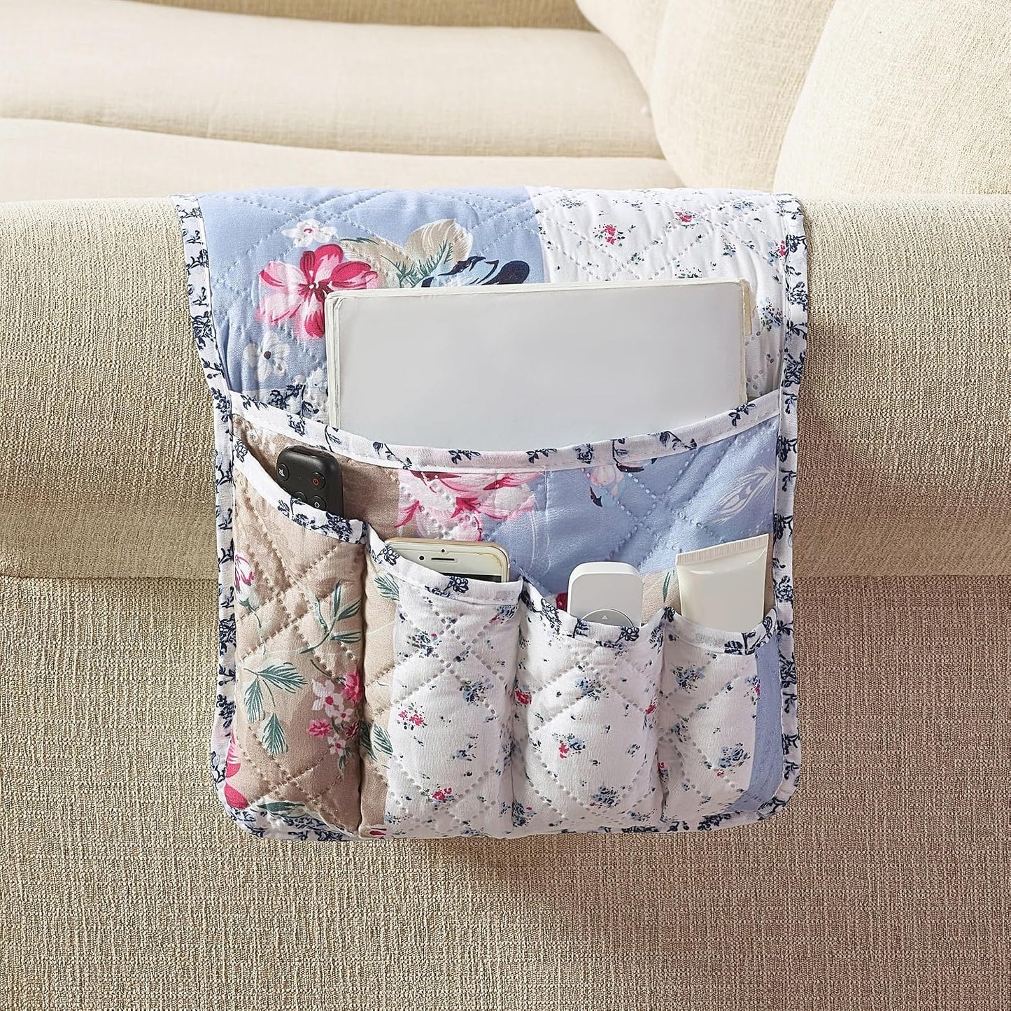 Brilliant Sunshine Burgundy Toile Floral Couch Armrest Cover, 35"×13" | Washable Magazine Holder, Armrest Organizer & Caddy on Sofa, Recliner, Armchair, Storage for Remote Controls, Phone, iPad