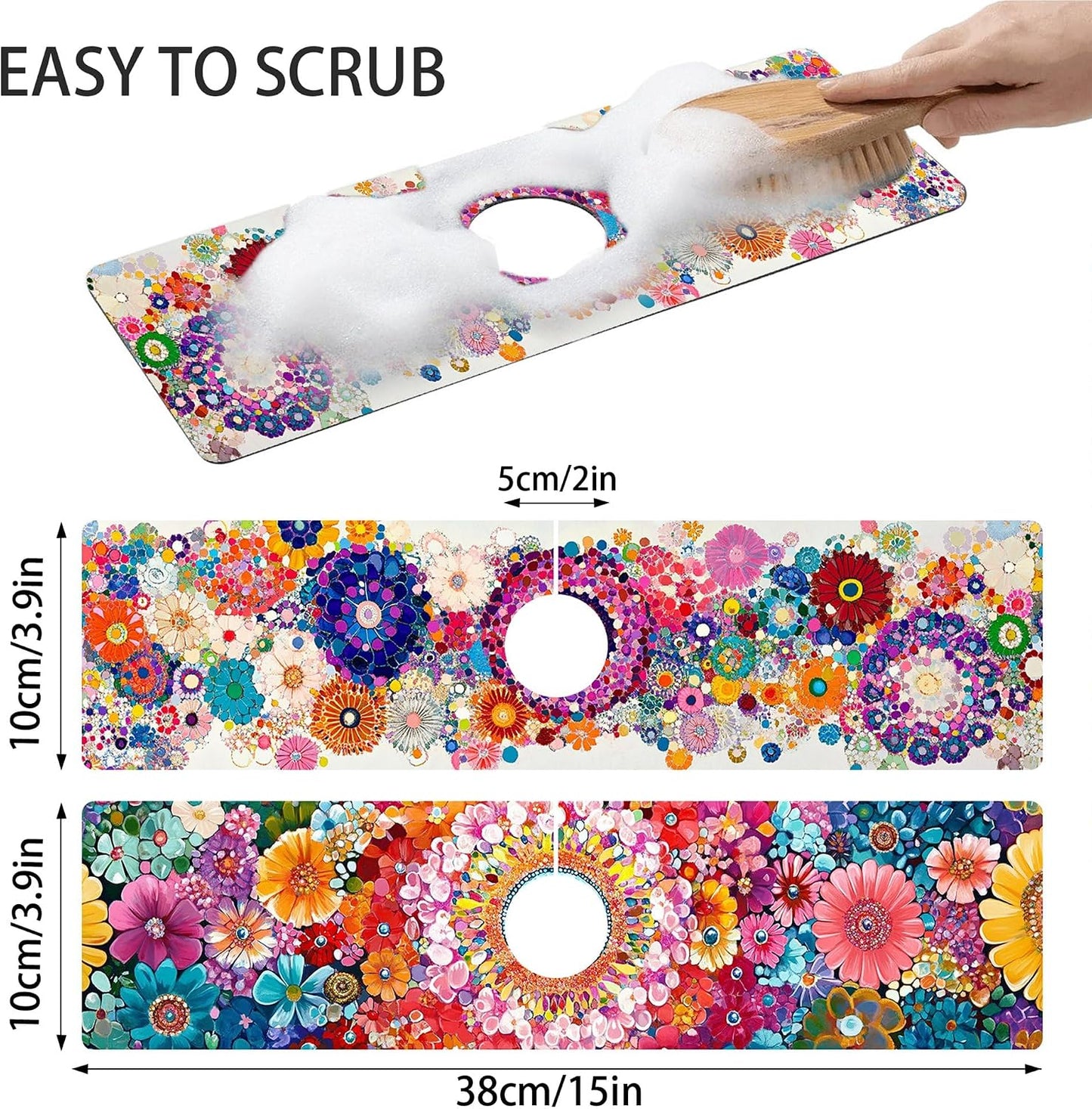 Bimkole 2 PCS Faucet Absorbent Mat, Kitchen Faucet Sink Splash Guard Wraparound Cloth Pads Drip Catcher for Sink Faucet for Kitchen Bathroom Faucet, Colorful Faucet Mat, 15 x 4 Inch Flower A6