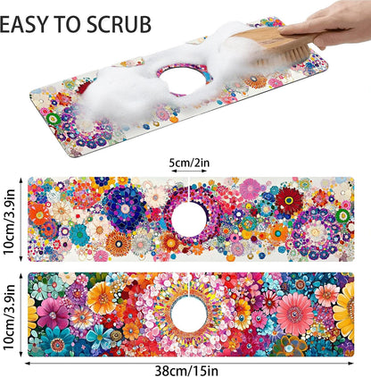 Bimkole 2 PCS Faucet Absorbent Mat, Kitchen Faucet Sink Splash Guard Wraparound Cloth Pads Drip Catcher for Sink Faucet for Kitchen Bathroom Faucet, Colorful Faucet Mat, 15 x 4 Inch Flower A6