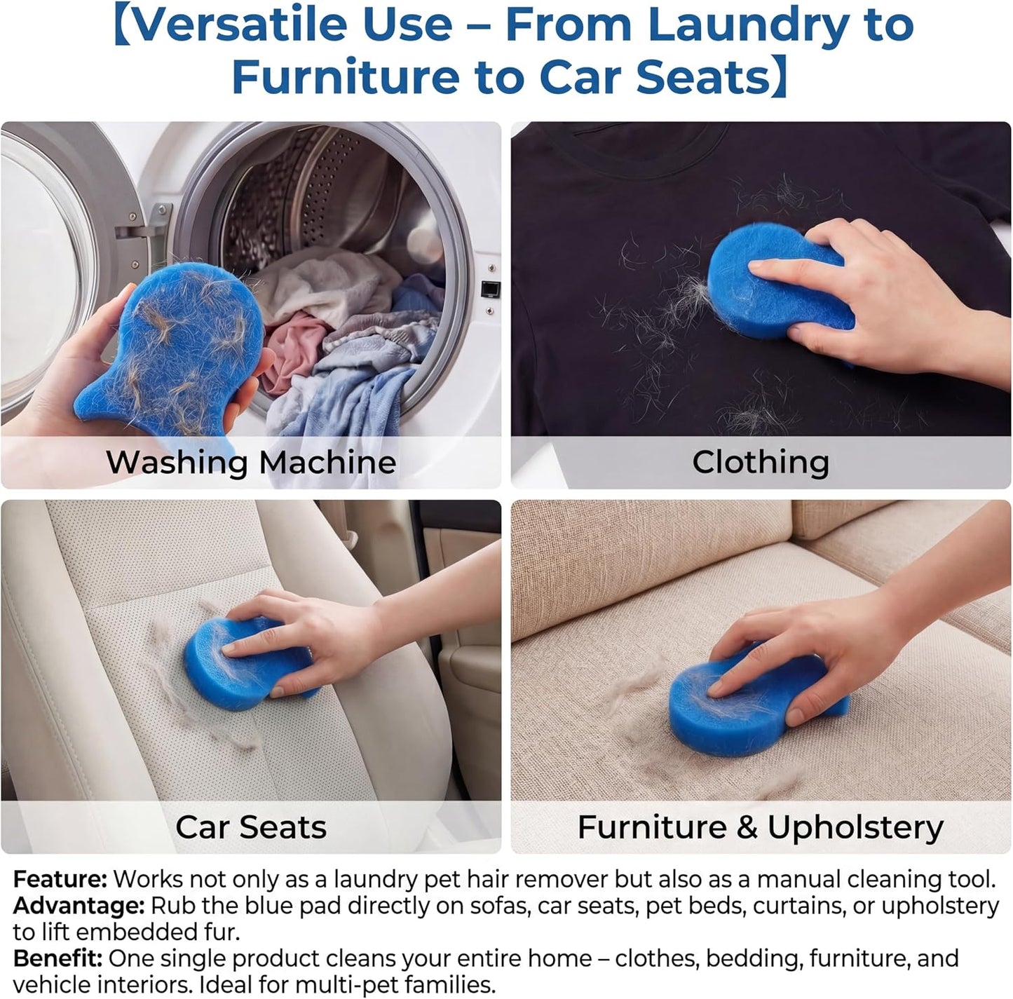 9 PCS Blue Pet Hair Remover for Laundry - High Visibility Reusable Fur Catcher, Traps Hair in Washer & Dryer, for Dog & Cat Hair on Clothes, Bedding (9 Blue Pads)