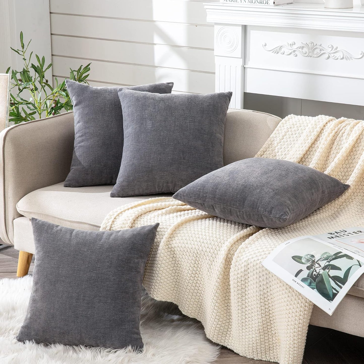 GAWAMAY Lumbar Support Pillow Decorative Rectangle Throw Pillow Covers 12"x20" Inch Set of 2, Soft Chenille Fall Pillowcase for Living Room Bedroom Sofa Couch Cushion Cover Grey 30x50cm (No Insert)