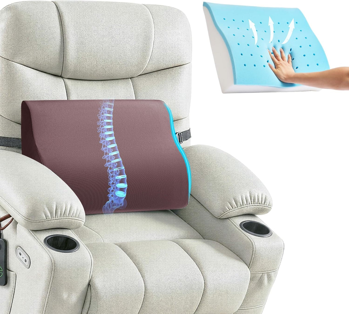 Dual-Layer Memory Foam Lumbar Support Pillow for Recliner, Grey