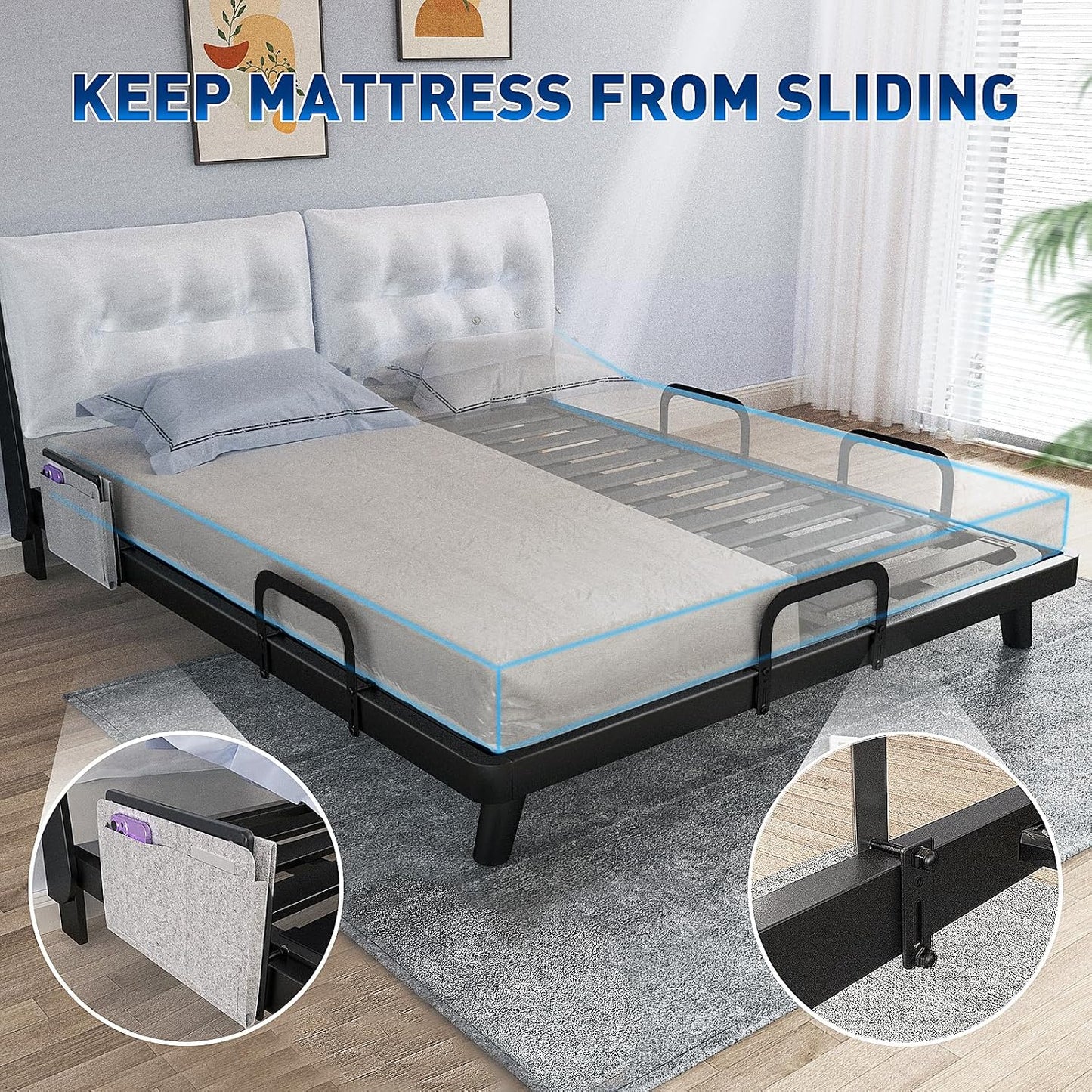 Mattress Slide Stopper With Bedside Caddy For Metal Frame Extra Tall Adjustable Mattress Retainer Bar For Bed Keep Mattres Topper From Sliding Non Slip Mattresses Gripper Gasket Holder Bracket