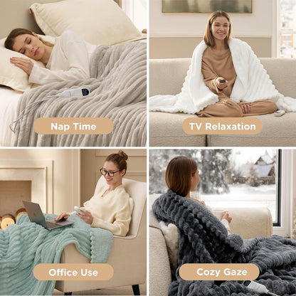 Bedsure Heated Blanket Electric Throw - Thick Striped Fast Heating Electric Blanket with Preheat Function, 6 Heat & 6 Timer (Up to 10H), 8H Auto Off, ETL Certified, Gifts for Women (50"x60", White)