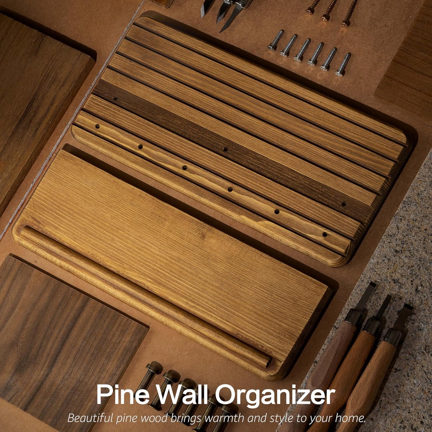 Rebee Vision Pine Wood Key Holder Wall Mount with Shelf for Entryway, Brown | 6 Key Hooks, Round Corner, Smooth&Hand-Friendly, Clear Wood Texture, Space-Saving Design, Organize Mail & Letter