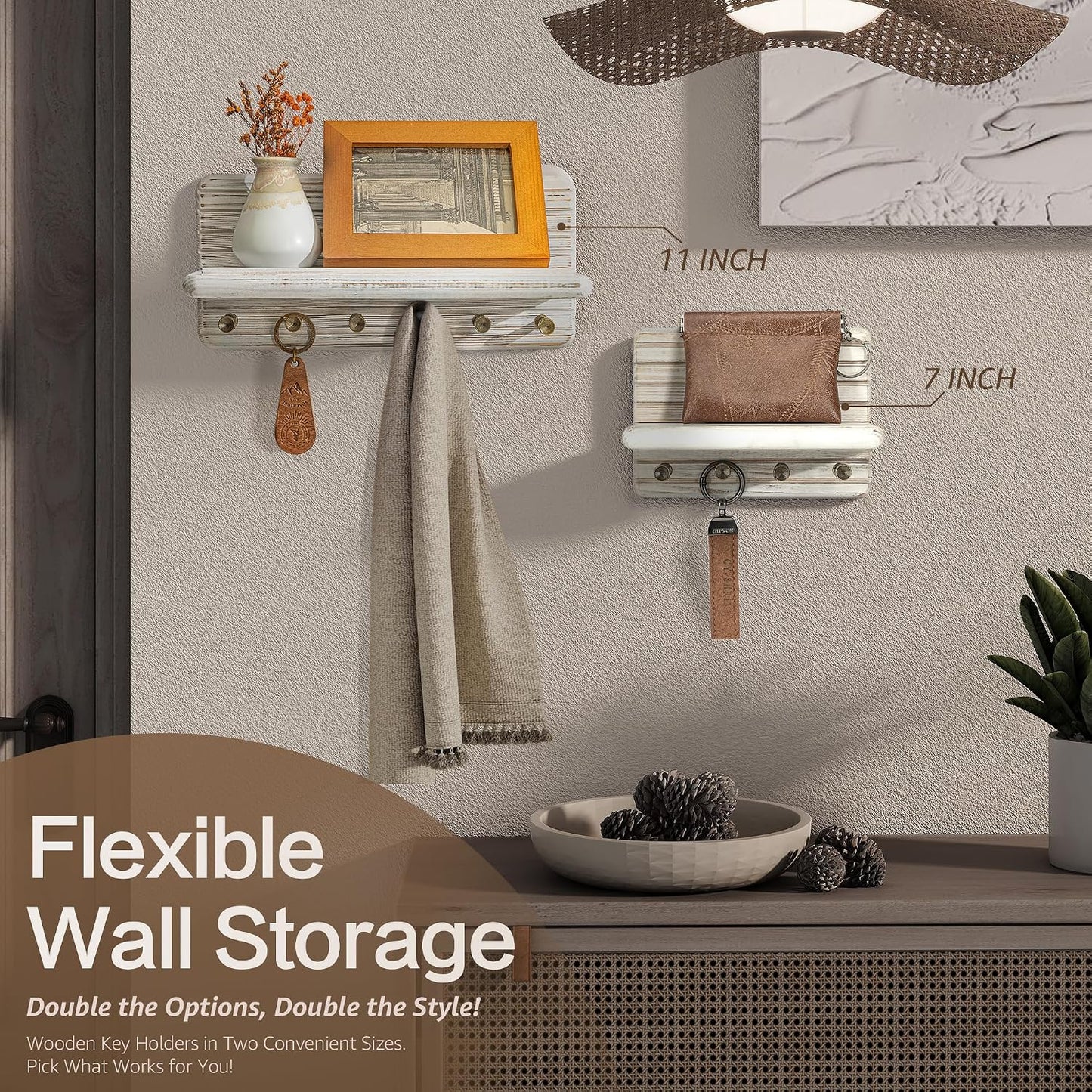 Rebee Vision Pine Wood Key Holder Wall Mount with Shelf for Entryway, Brown | 6 Key Hooks, Round Corner, Smooth&Hand-Friendly, Clear Wood Texture, Space-Saving Design, Organize Mail & Letter