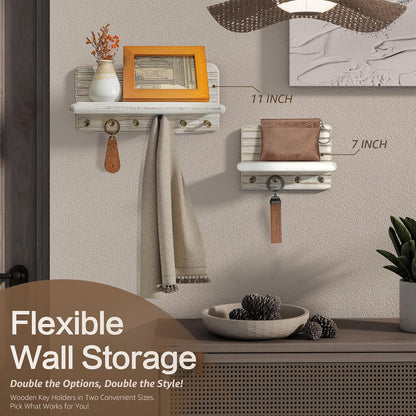 Rebee Vision Pine Wood Key Holder Wall Mount with Shelf for Entryway, Brown | 6 Key Hooks, Round Corner, Smooth&Hand-Friendly, Clear Wood Texture, Space-Saving Design, Organize Mail & Letter
