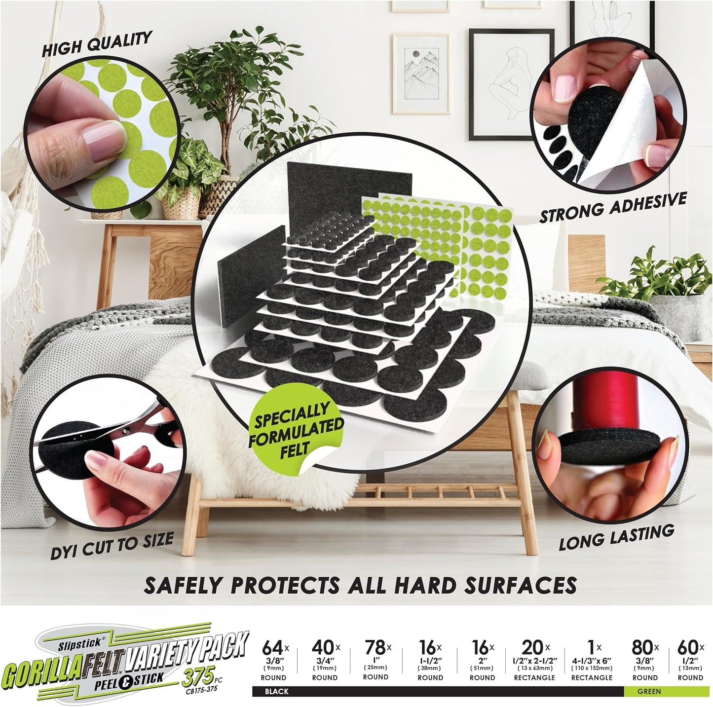 Slipstick Gorilla Felt Furniture Pads (189 Piece Variety Pack) Premium Furniture Pads & Chair Leg Floor Protectors for Hardwood Floors & Hard Surfaces
