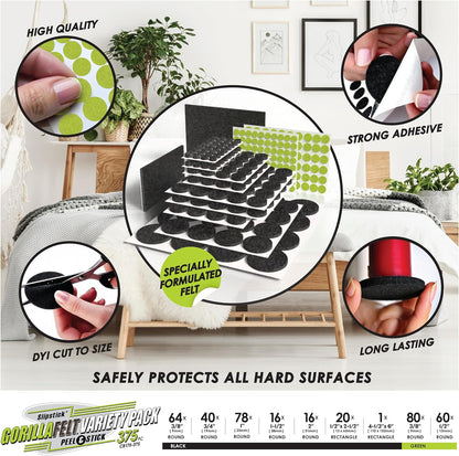 Slipstick Gorilla Felt Furniture Pads (189 Piece Variety Pack) Premium Furniture Pads & Chair Leg Floor Protectors for Hardwood Floors & Hard Surfaces