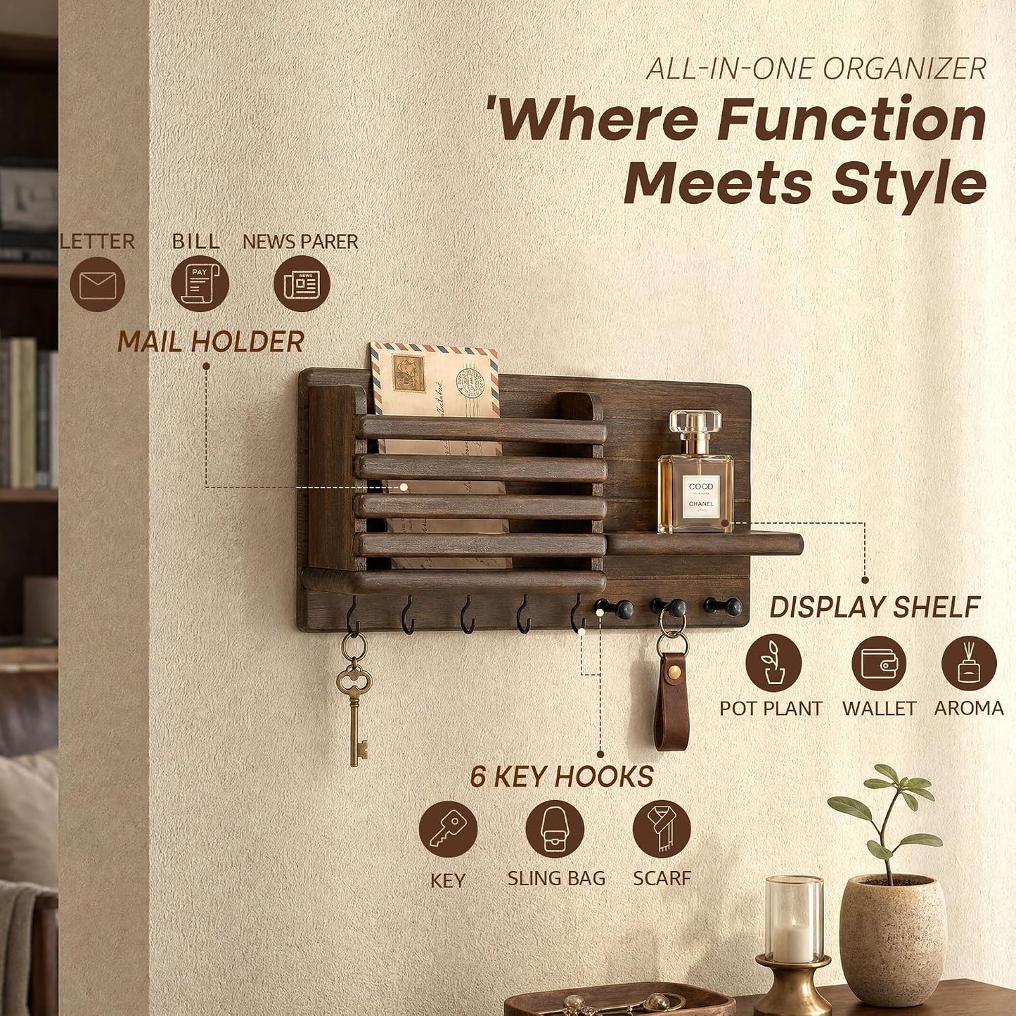 Rebee Vision Key Holder Wall Mount with Mail Slot for Entryway, Retro Brown | Pine Wood, Key Holder for Wall, 8 Hooks for Dog Leashes, Floating Shelf, Mail Sorter, New Home Essentials, Entryway Storage