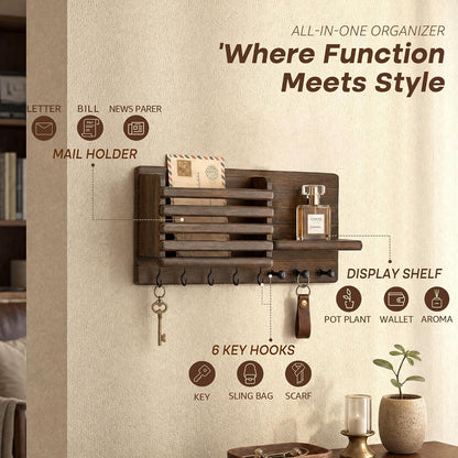 Rebee Vision Key Holder Wall Mount with Mail Slot for Entryway, Retro Brown | Pine Wood, Key Holder for Wall, 8 Hooks for Dog Leashes, Floating Shelf, Mail Sorter, New Home Essentials, Entryway Storage