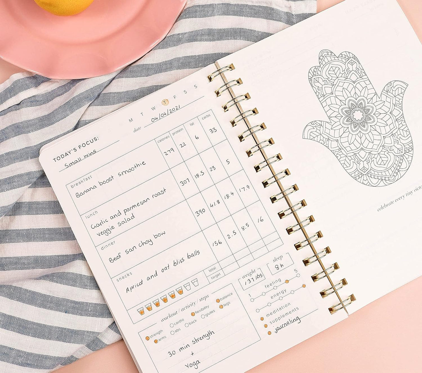 Kunitsa Co. Food and Exercise Journal for Women, Pink | Track Meals, Nutrition, and Weight Loss, 90 Days, 8.5 x 6 Inches