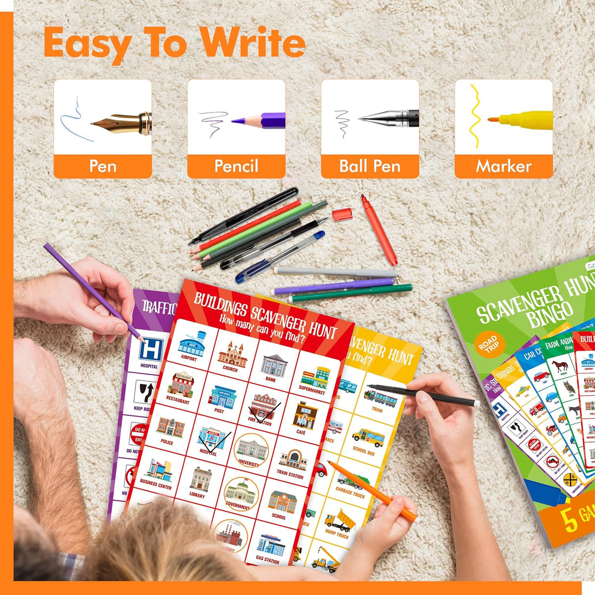 Road Trip Game Pad, 80 Perforated Sheets Travel Activity Pad, 5 Games in 1 Pad, Plane, Car Trip Activity, Pen Pencil & Paper Game for Kids, Adults (6” x 9”)