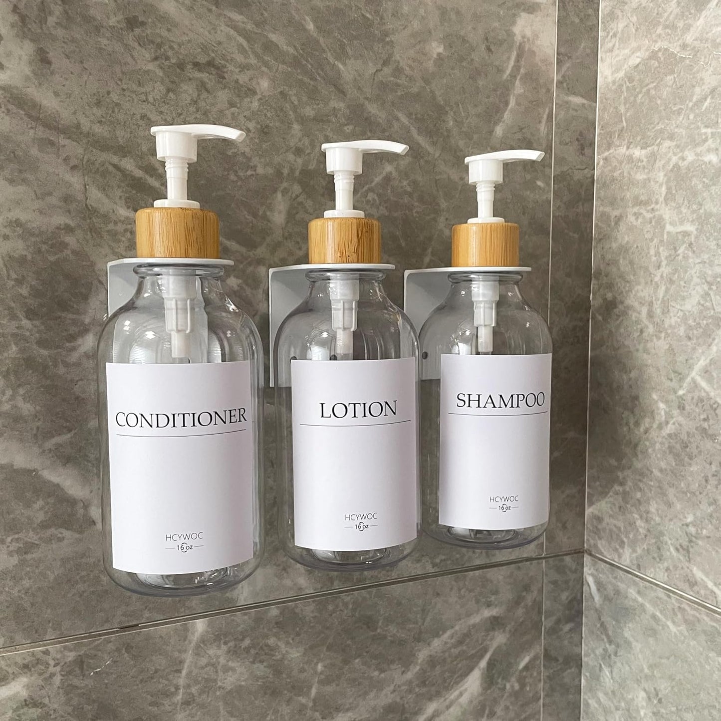 3 Pack Wall Mount Shower Dispenser, No Drill, 16 Waterproof Labels | Shampoo Dispenser for Shower Wall, Shampoo and Conditioner Dispenser, Bathroom, 17oz, Gold Amber