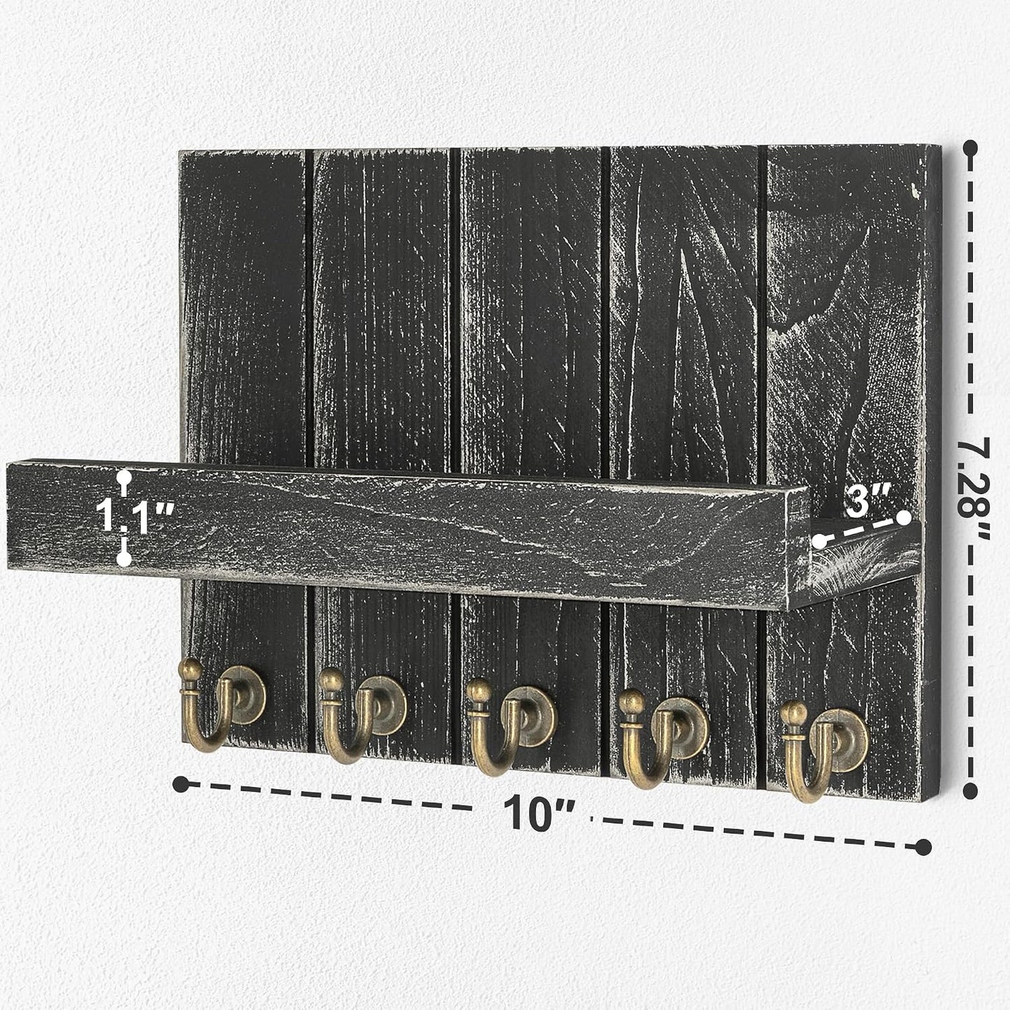 Rebee Vision Key Holder Wall Mount with 5 Key Hooks for Home Decor, Brown | 3.54'' x 10'' x 7.28'', Small Shelf for Display Plant, Key Hangers for Hat, Entryway Space-Saving Storage