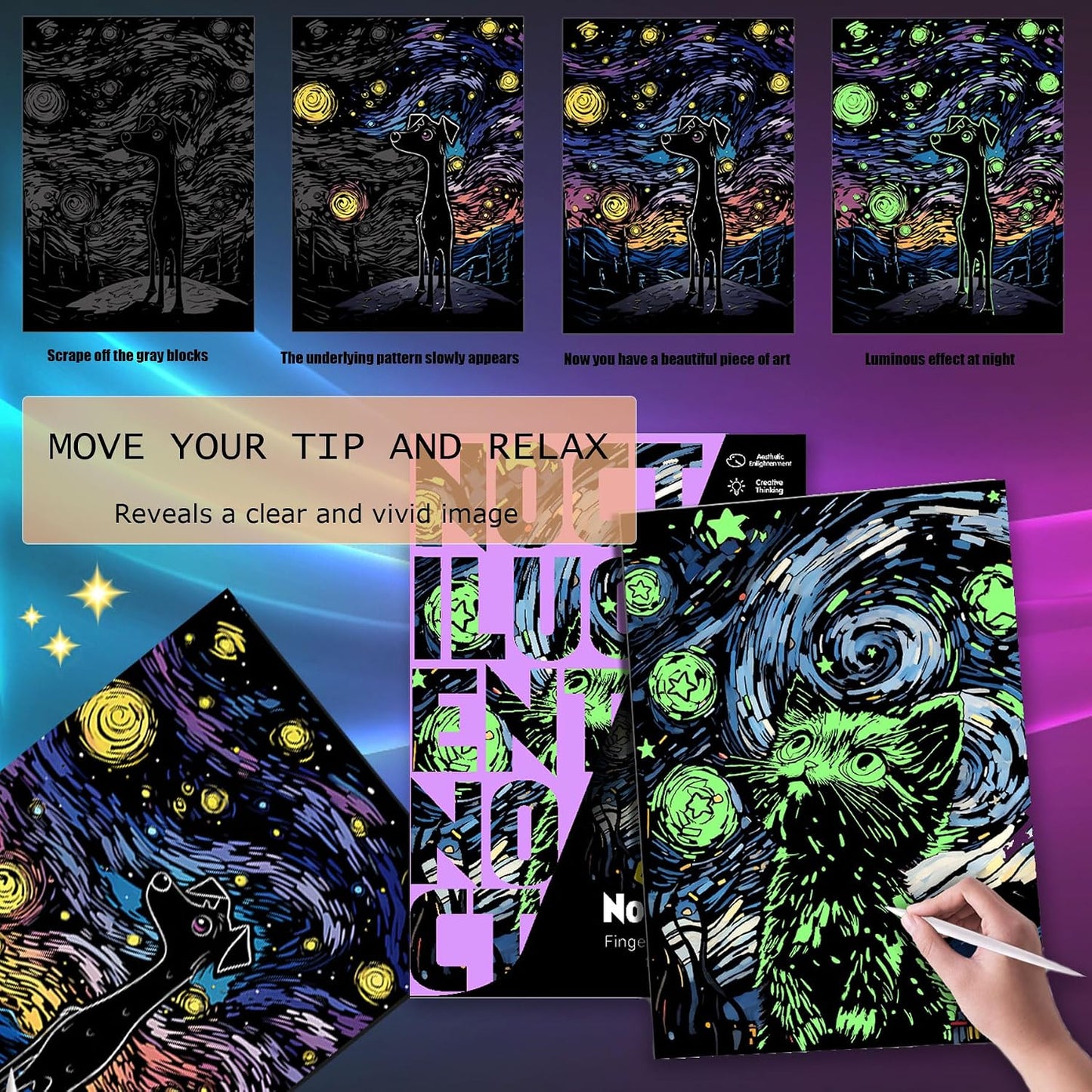 Luminous Scratch Paper Art Kit for Adults, 16x11.2in (Black Cat&Dog) | Rainbow Paper Art Scratch Kit, Mindful Meditation Craft for Adults, Stress Relief Activity, Screen Free&Creative Home Decor