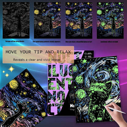 Luminous Scratch Paper Art Kit for Adults, 16x11.2in (Black Cat&Dog) | Rainbow Paper Art Scratch Kit, Mindful Meditation Craft for Adults, Stress Relief Activity, Screen Free&Creative Home Decor