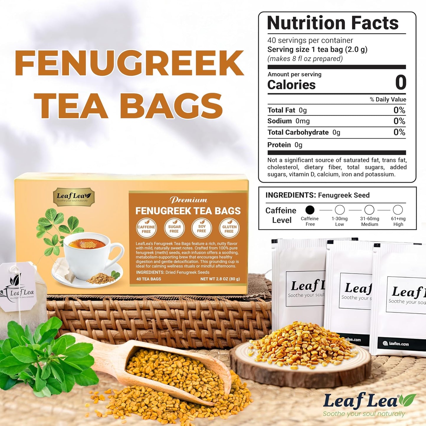 LeafLea 40 Turmeric Ginger Cinnamon Tea Bags, 100% Natural Ingredients Herbal Tea, Turmeric Ginger Herbal Blend for Wellness, Vegan, No Sugar, Caffeine-Free, Individually Wrapped for Freshness