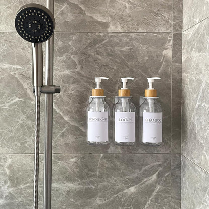 3 Pack Wall Mount Shower Dispenser, No Drill, 16 Waterproof Labels | Shampoo Dispenser for Shower Wall, Shampoo and Conditioner Dispenser, Bathroom, 17oz, Gold Amber