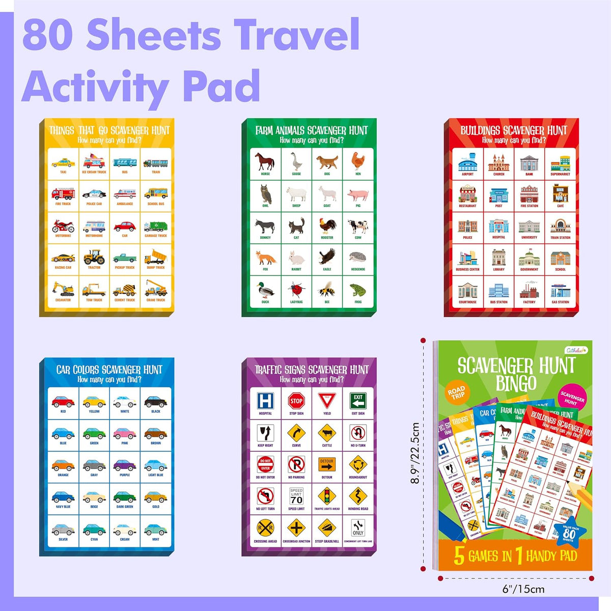 Road Trip Game Pad, 80 Perforated Sheets Travel Activity Pad, 5 Games in 1 Pad, Plane, Car Trip Activity, Pen Pencil & Paper Game for Kids, Adults (6” x 9”)
