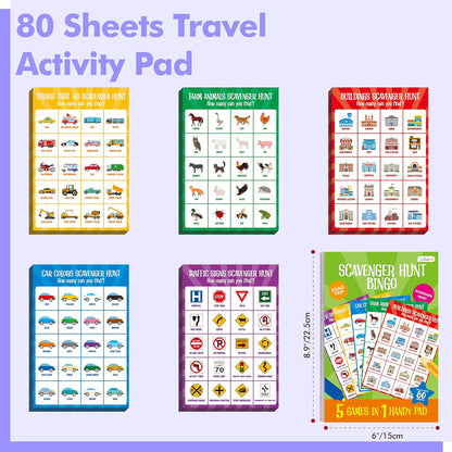 Road Trip Game Pad, 80 Perforated Sheets Travel Activity Pad, 5 Games in 1 Pad, Plane, Car Trip Activity, Pen Pencil & Paper Game for Kids, Adults (6” x 9”)