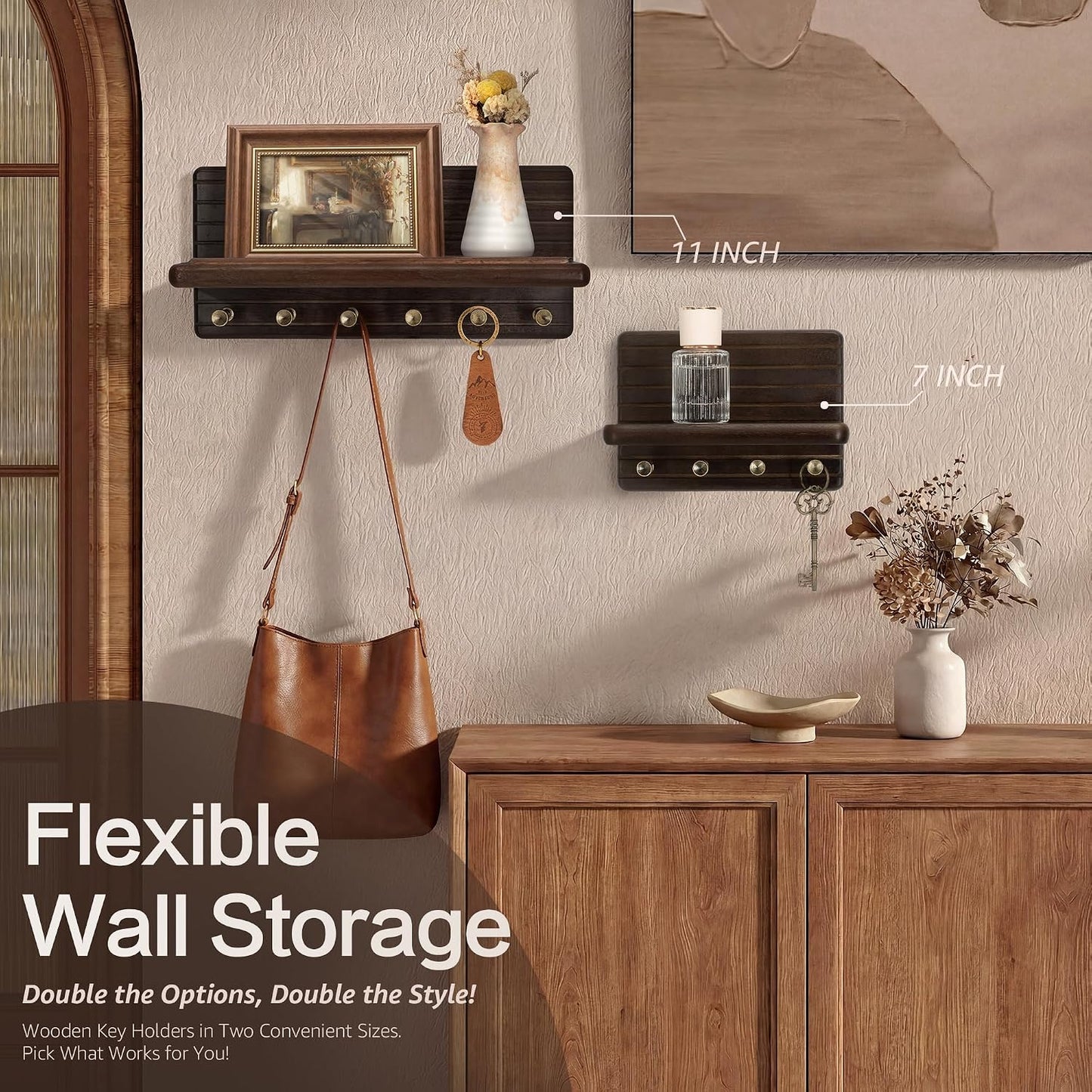 Rebee Vision Pine Wood Key Holder Wall Mount with Shelf for Entryway, Brown | 6 Key Hooks, Round Corner, Smooth&Hand-Friendly, Clear Wood Texture, Space-Saving Design, Organize Mail & Letter