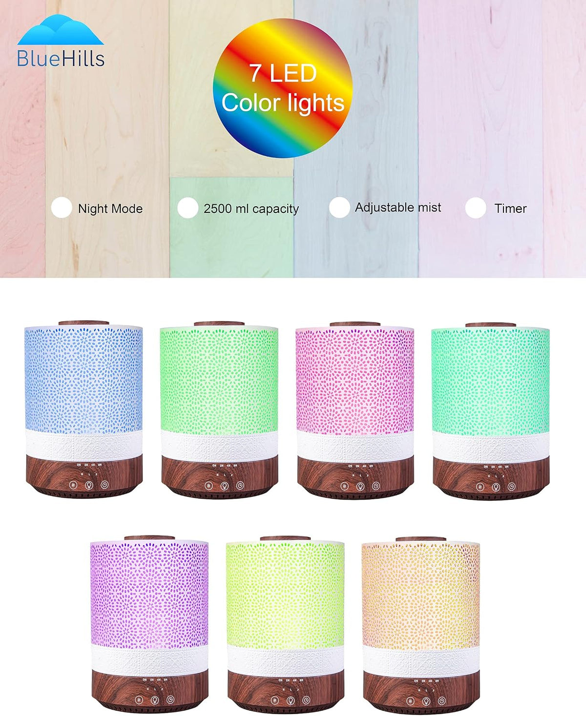 BlueHills 2500 ML Humidifier with Essential Oil Diffuser Combo Aroma Home Décor Design for Large Bed Bath Kids Baby Living Rooms Big Capacity LED Lights Scent Ultrasonic Cool Mist Wood Grain F006