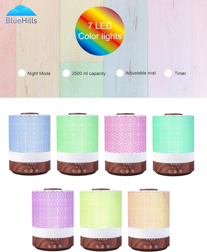 BlueHills 2500 ML Humidifier with Essential Oil Diffuser Combo Aroma Home Décor Design for Large Bed Bath Kids Baby Living Rooms Big Capacity LED Lights Scent Ultrasonic Cool Mist Wood Grain F006