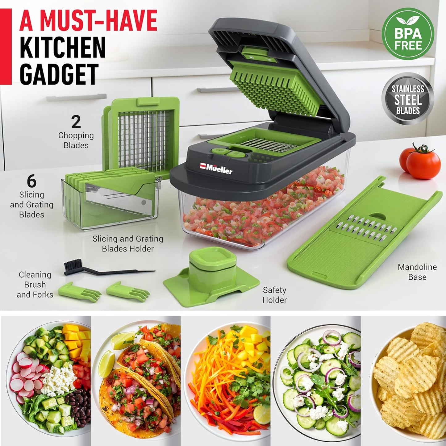 Mueller The Real Original Pro Vegetable Chopper & Mandoline Slicer, 10-in-1 | since 2013, 8 Blade Food Veggie Chopper, Onion Vegetable Cutter with Container, Kitchen Gadgets & Essentials