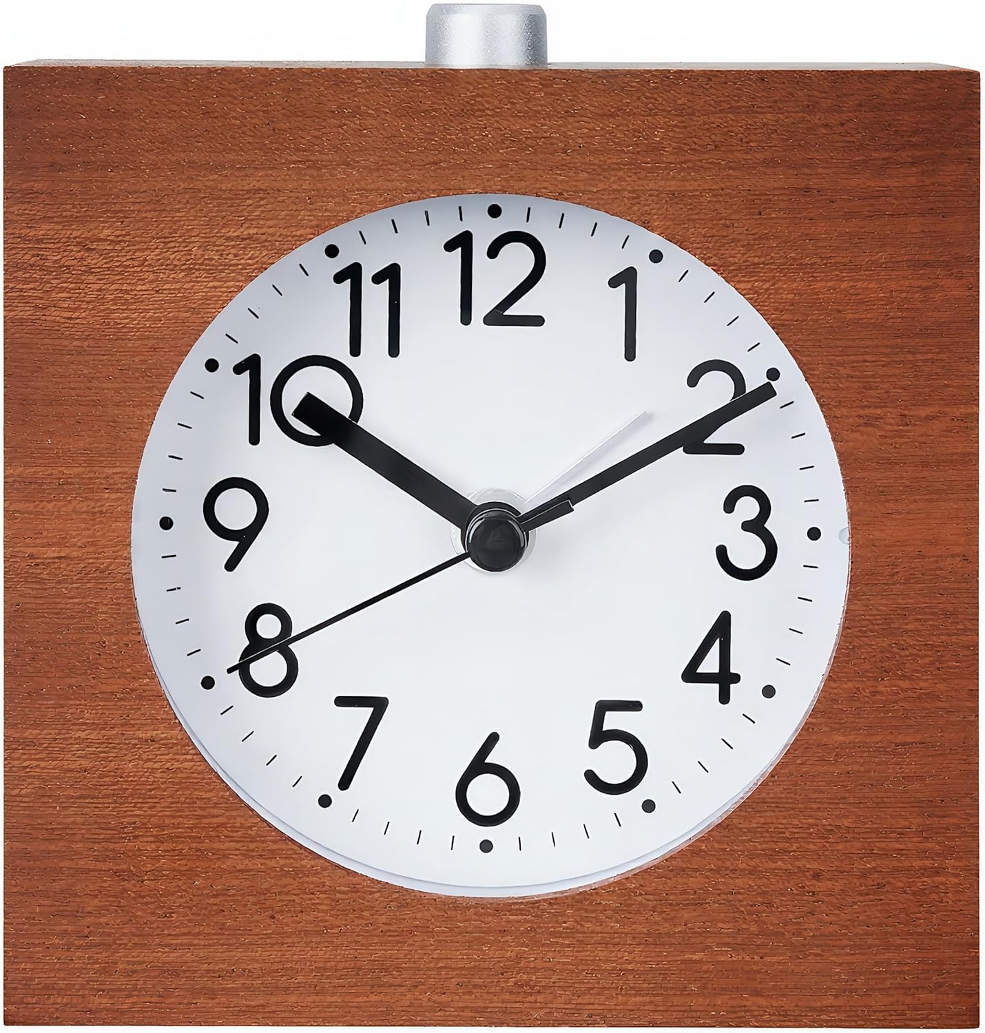 Wooden Analog Alarm Clock Silent Battery Operated with Night Light | Wood Body Non-Ticking for Tabletop Bedroom Bedside Heavy Sleepers Brown